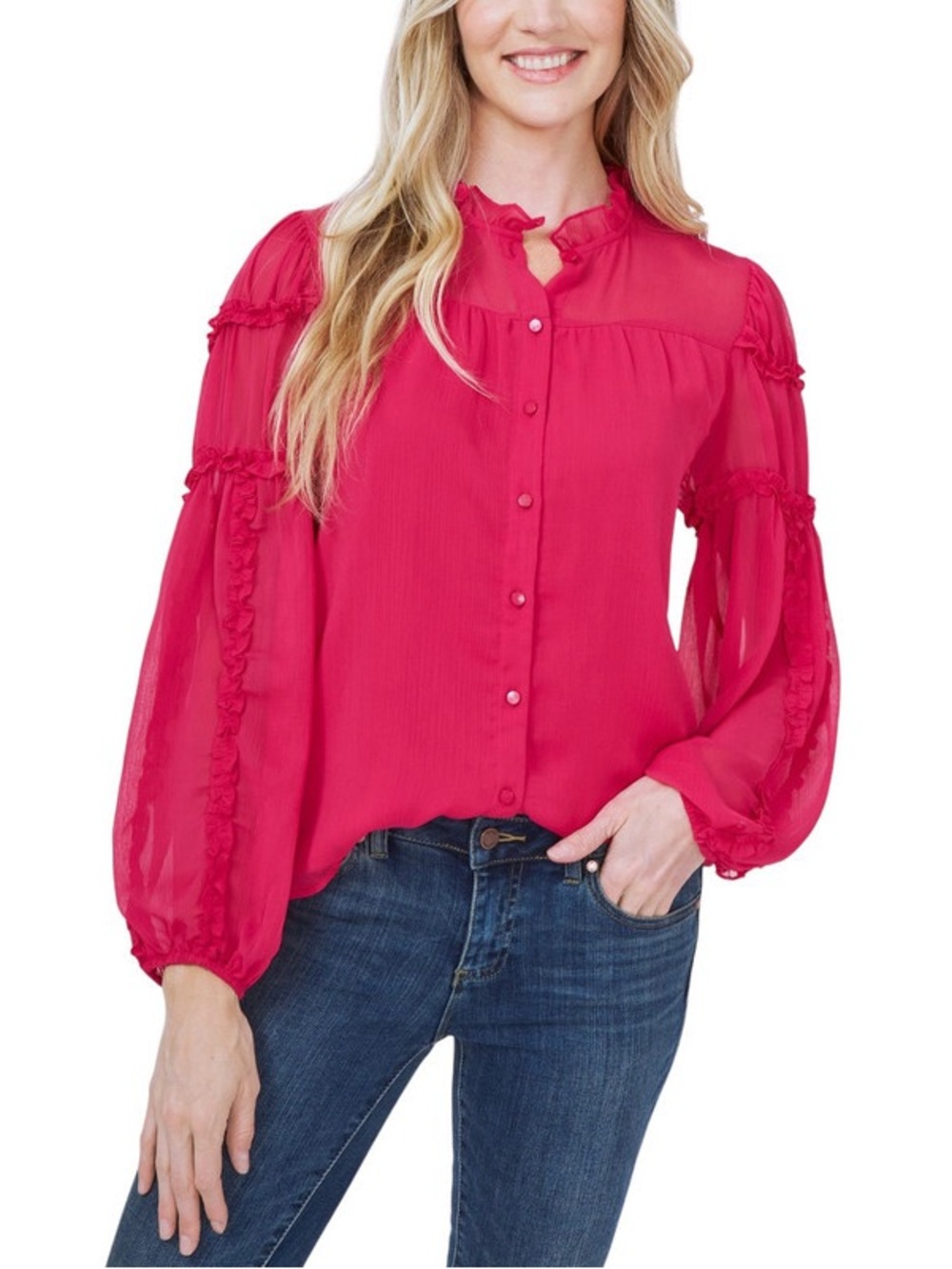 New CeCe Pink Blouse Long Sleeve Ruffles Button Front Sheer Size Large